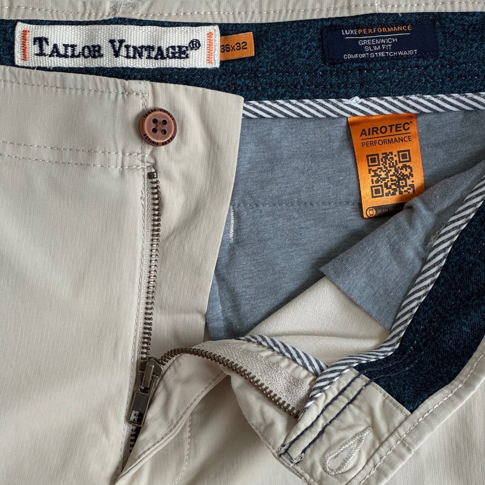 Tailor Vintage Greenwich Slim Fit Pants 36x32 Khaki Tan Airotec Luxe Performance - Picture 4 of 9